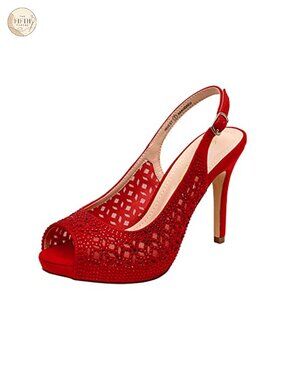 Platform Peep Toe Slingback Pump Rhinestone Mesh Heels